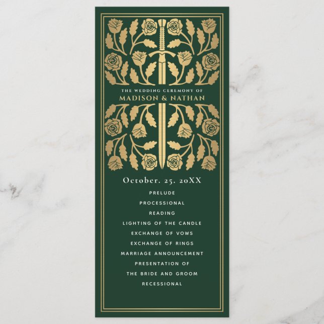 Green Mediaeval Gold Sword Royal Wedding Program (Front)