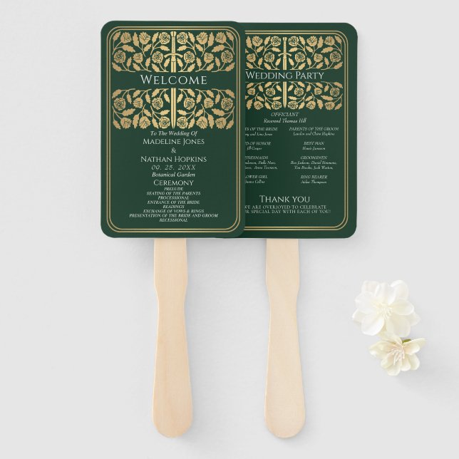 Green Mediaeval Gold Sword Royal Wedding Program Hand Fan (Front and Back)