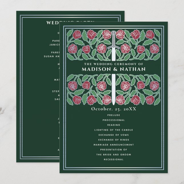 Green Mediaeval Silver Floral Sword Royal Wedding Program (Front/Back)