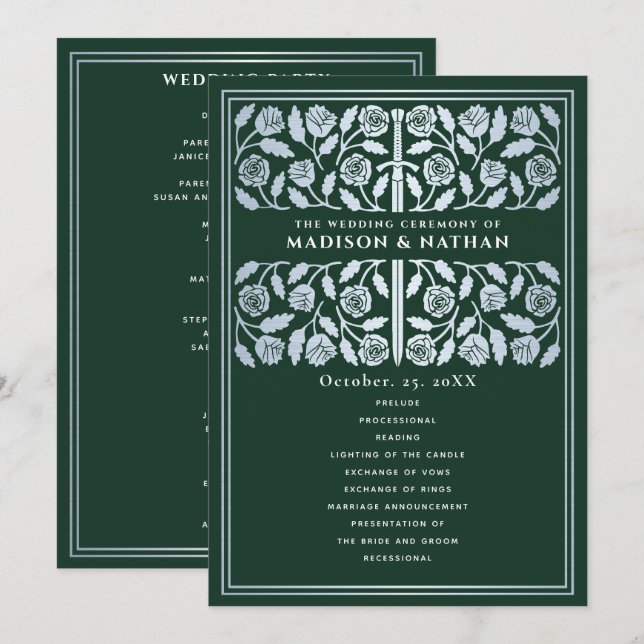 Green Mediaeval Silver Sword Royal Wedding Program (Front/Back)