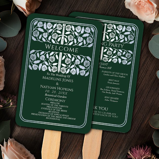 Green Mediaeval Silver Sword Royal Wedding Program Hand Fan (Creator Uploaded)