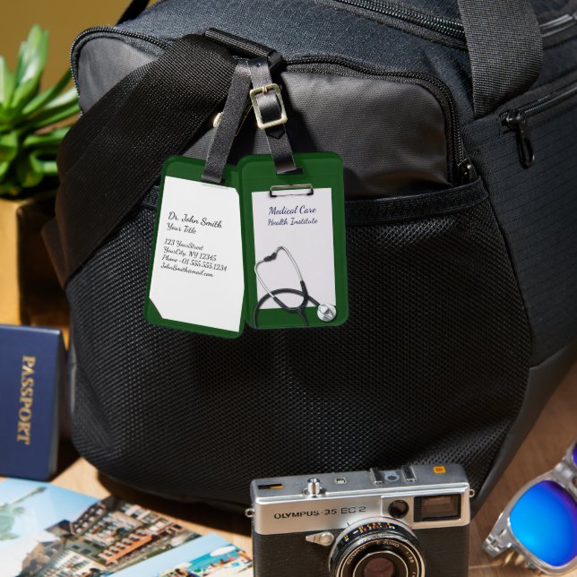 Green Medical Clipboard with Stethoscope Luggage Tag (Front & Back)