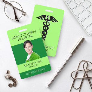 Green Medical Technician Caduceus Hospital Badge ID Badge