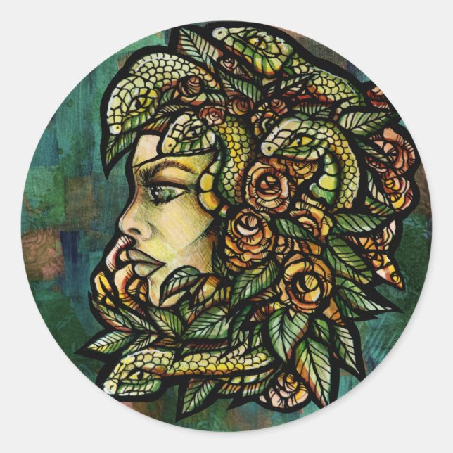 Green Medusa Snakes Rose Gorgon                    Classic Round Sticker (Front)