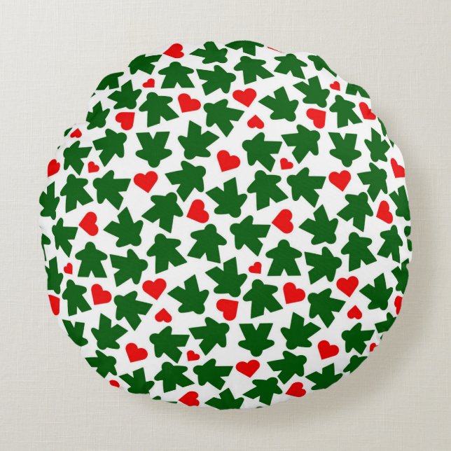 Green Meeple with Red Heart Round Cushion (Front)