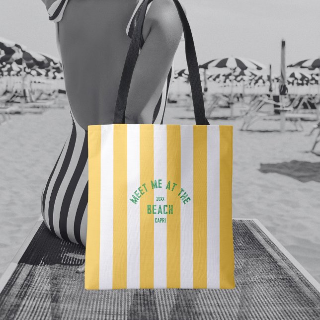 Green Meet Me At The Beach Yellow Cabana Stripe Tote Bag (Creator Uploaded)