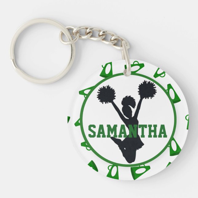 Green Megaphone and Cheerleader Personalised Photo Key Ring (Front)