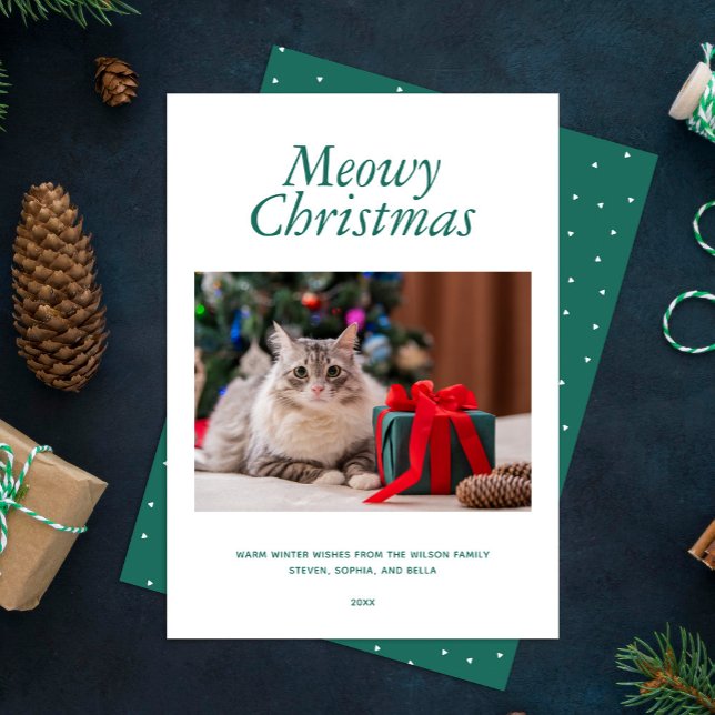Green "Meowy Christmas" Personalised Photo Holiday Card (Creator Uploaded)