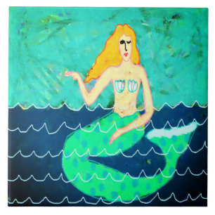Green Mermaid Abstract Painting  Ceramic Tile