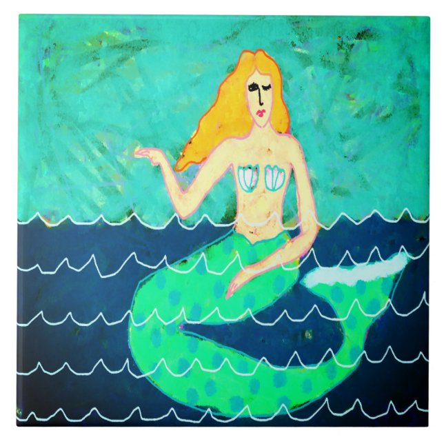 Green Mermaid Abstract Painting  Ceramic Tile (Front)