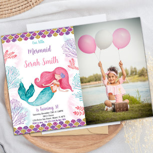 Green Mermaid Birthday Invitations with photo