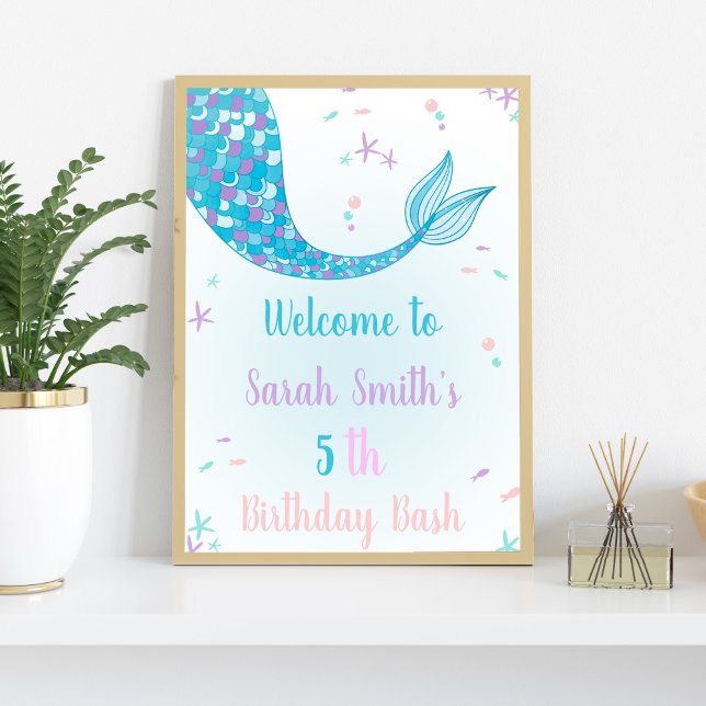 Green Mermaid Birthday Party Welcome Sign for Girl (Green Mermaid Welcome Signs)