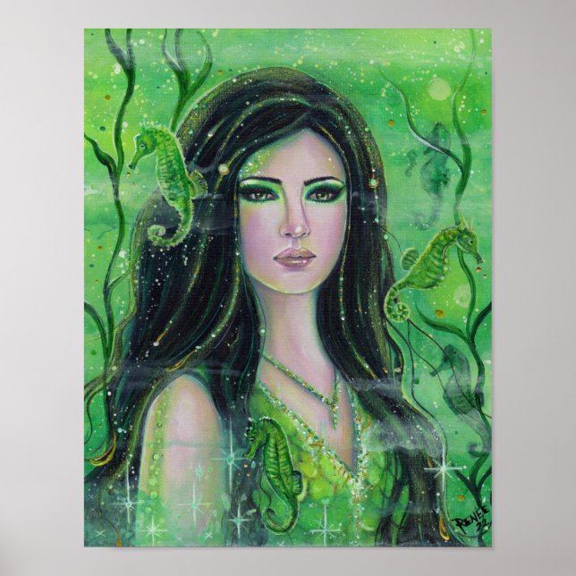 Green mermaid with seahorses by Renee Lavoie  Poster (Front)