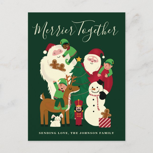 Green Merrier Together Santa and Friends Holiday Postcard (Front)