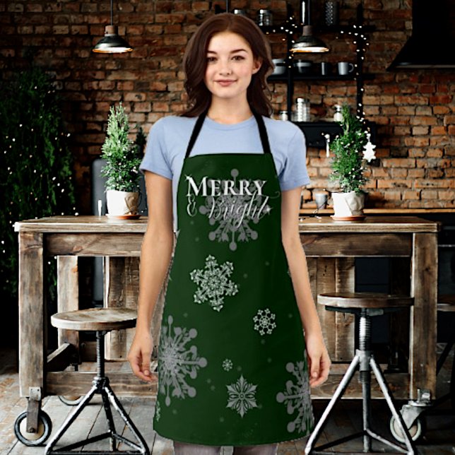 Green Merry and Bright Snowflakes Christmas Apron (Green Merry and Bright Snowflakes Christmas Apron)