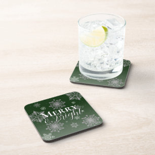 Green Merry and Bright Snowflakes Christmas Coaster