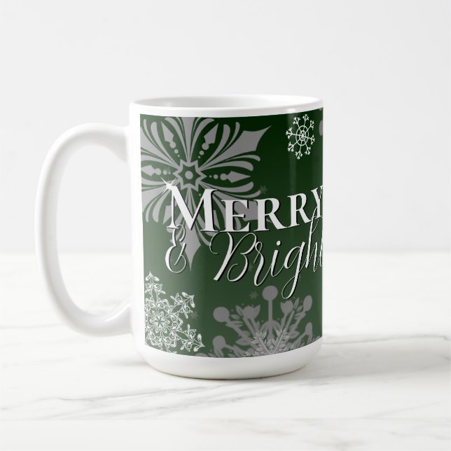 Green Merry and Bright Snowflakes Christmas Coffee Mug (Left)