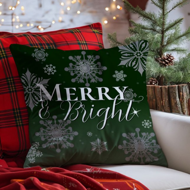 Green Merry and Bright Snowflakes Christmas Cushion (Green Merry and Bright Snowflakes Christmas Throw Pillow)
