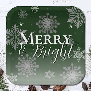 Green Merry and Bright Snowflakes Christmas Paper Plate