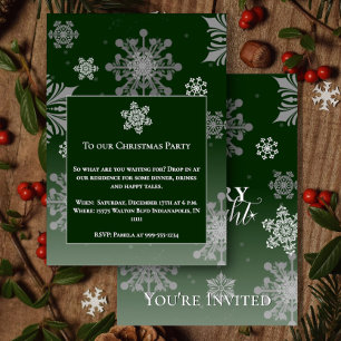 Green Merry and Bright Snowflakes Christmas Party Invitation