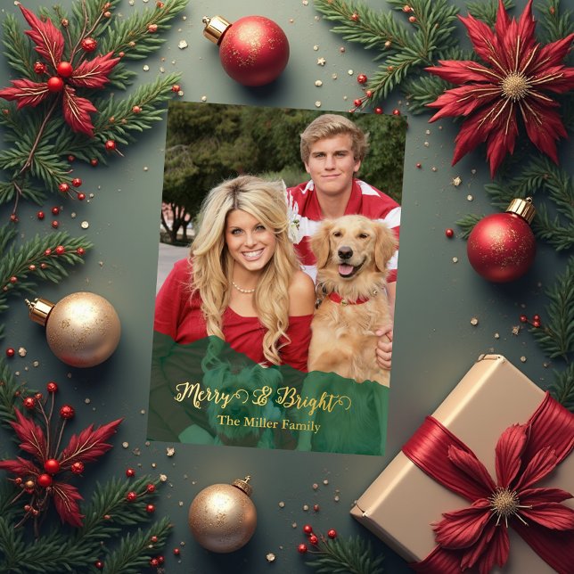 green Merry & Bright Christmas family Photo gold Foil Holiday Card (Creator Uploaded)