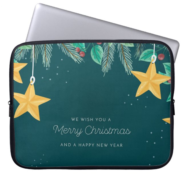 Green Merry Christmas and a Happy New Year Banner Laptop Sleeve (Front)