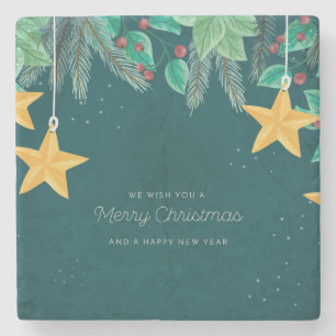 Green Merry Christmas and a Happy New Year Banner Stone Coaster