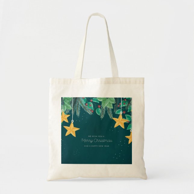 Green Merry Christmas and a Happy New Year Banner Tote Bag (Front)