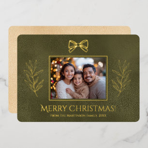 Green Merry Christmas and Branches  Photo  Foil Holiday Card