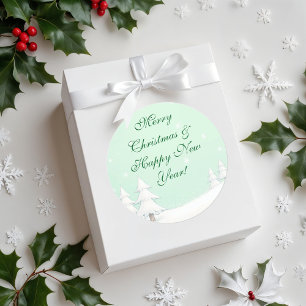 Green Merry Christmas and Snowy Pines Classic Round Sticker