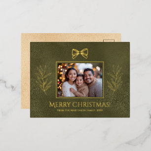 Green Merry Christmas Branches Bow Photo Foil Holiday Postcard