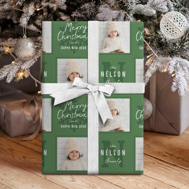 Green Merry Christmas Calligraphy Family 2 photo Wrapping Paper (Green Merry Christmas Calligraphy Family 2 photo Wrapping Paper)