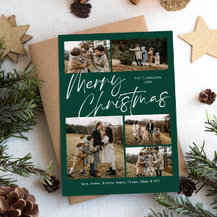 Green Merry Christmas Calligraphy Script 5 Photo Holiday Card