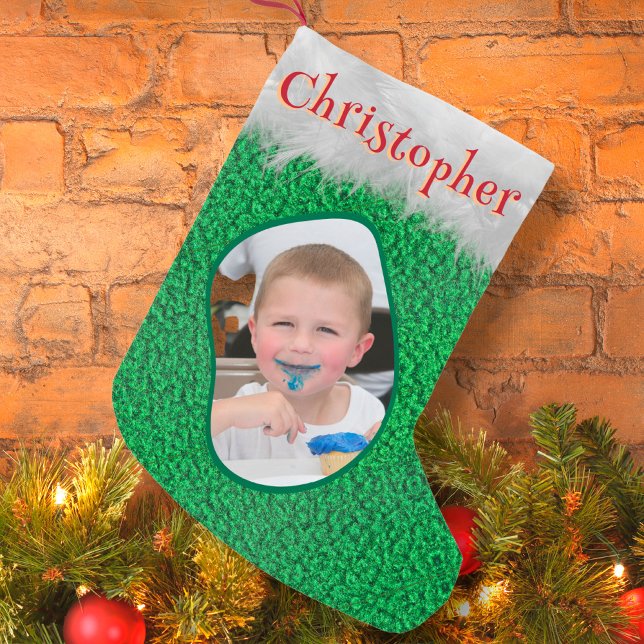 Green Merry Christmas Custom Photo Name Unique Fun Small Christmas Stocking (Creator Uploaded)