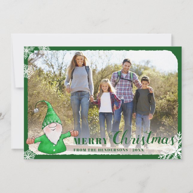 Green Merry Christmas Cute Gnome Family Photo Holiday Card (Front)