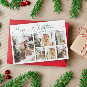 Green Merry Christmas Elegant Script Photo Collage Holiday Card