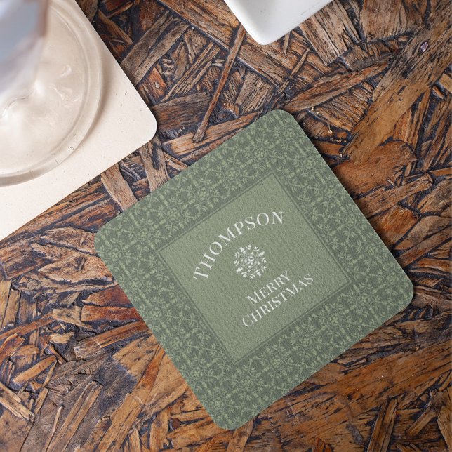 Green Merry Christmas Elegant Snowflake Holiday Square Paper Coaster (Elegant green Merry Christmas snowflake coaster with festive winter holiday drink table decor.)