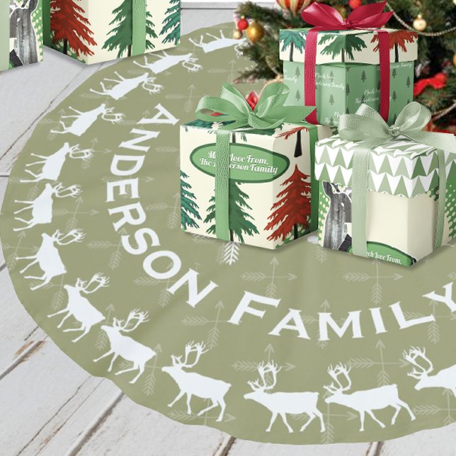 Green Merry Christmas Family Name Reindeer Arrows Brushed Polyester Tree Skirt (Creator Uploaded)