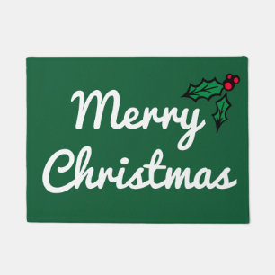 Green Merry Christmas Holly Doormat Rug