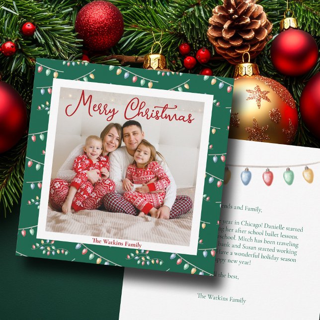 Green Merry Christmas Lights Cute Family Photo Holiday Card (Creator Uploaded)