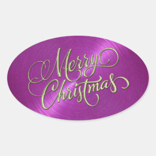 Green Merry Christmas Magenta Pink Embossed Look Oval Sticker