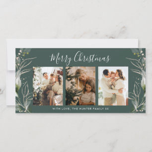 Green Merry Christmas Modern 3 Photo Holiday Card