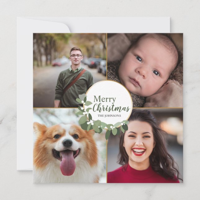 Green Merry Christmas Modern Wreath Photo Holiday Card (Front)