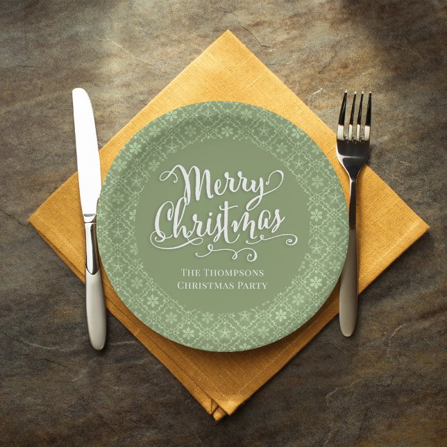 Green Merry Christmas Party Personalised Paper Plate (Whimsical Merry Christmas white calligraphy script red paper plate. )