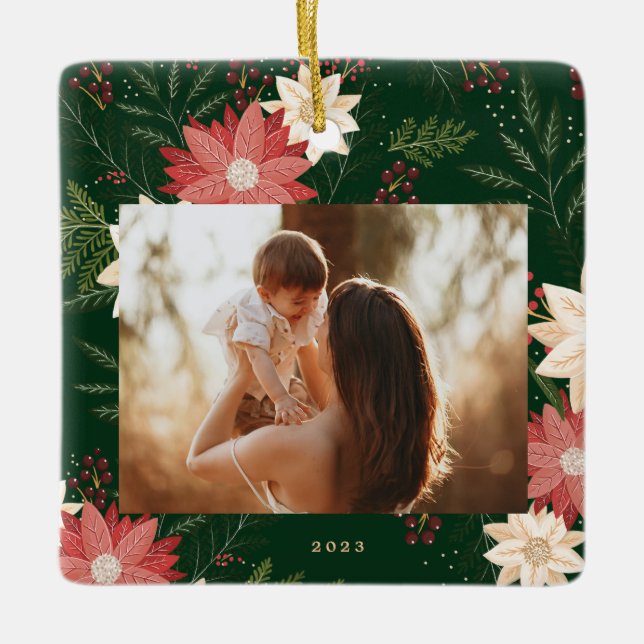 green merry christmas photo botanical frame ceramic ornament (Front)
