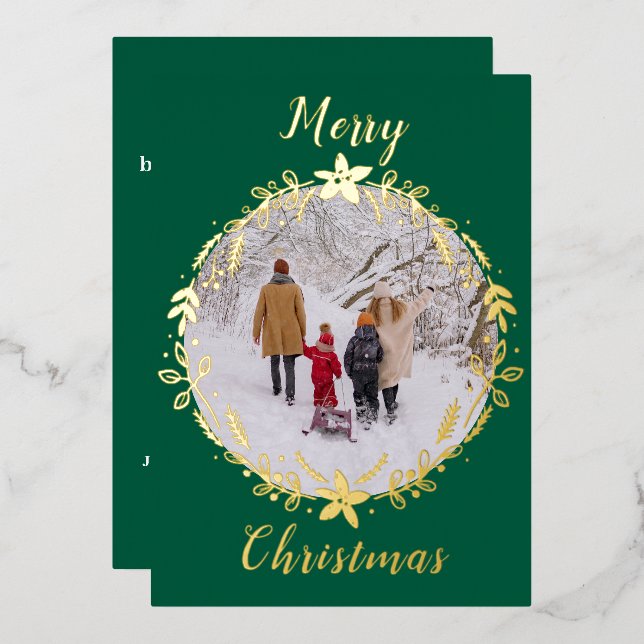 Green Merry Christmas Photo Wreath One Photo Foil Holiday Card (Front/Back)