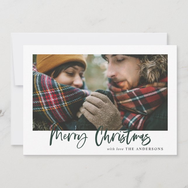 Green merry christmas plaid photo card (Front)