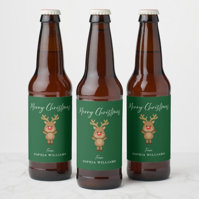 Green Merry Christmas Santa's Reindeer Present  Beer Bottle Label (Bottles)