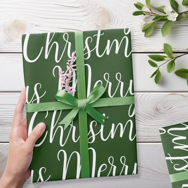 Green Merry Christmas Script Holiday Wrapping Paper (Creator Uploaded)
