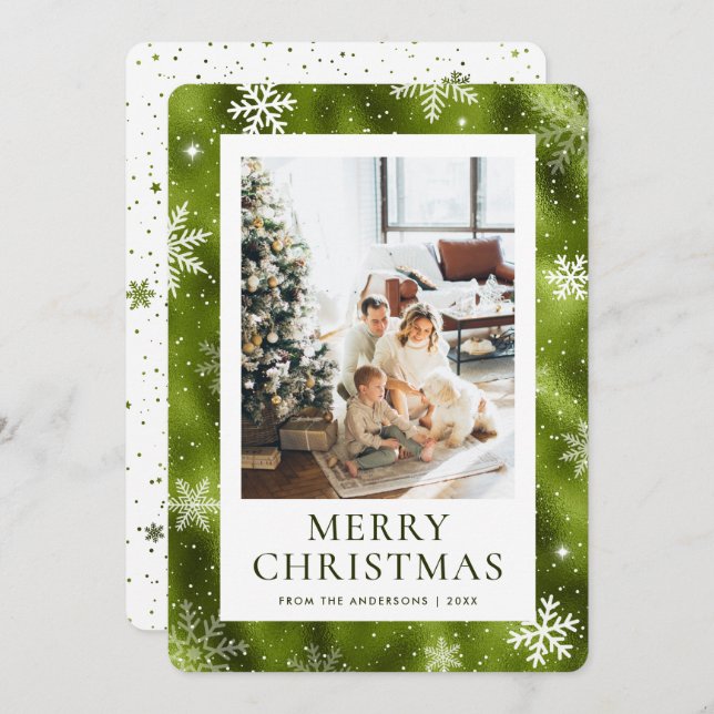 Green Merry Christmas Snowflake Snow Photo Holiday Card (Front/Back)